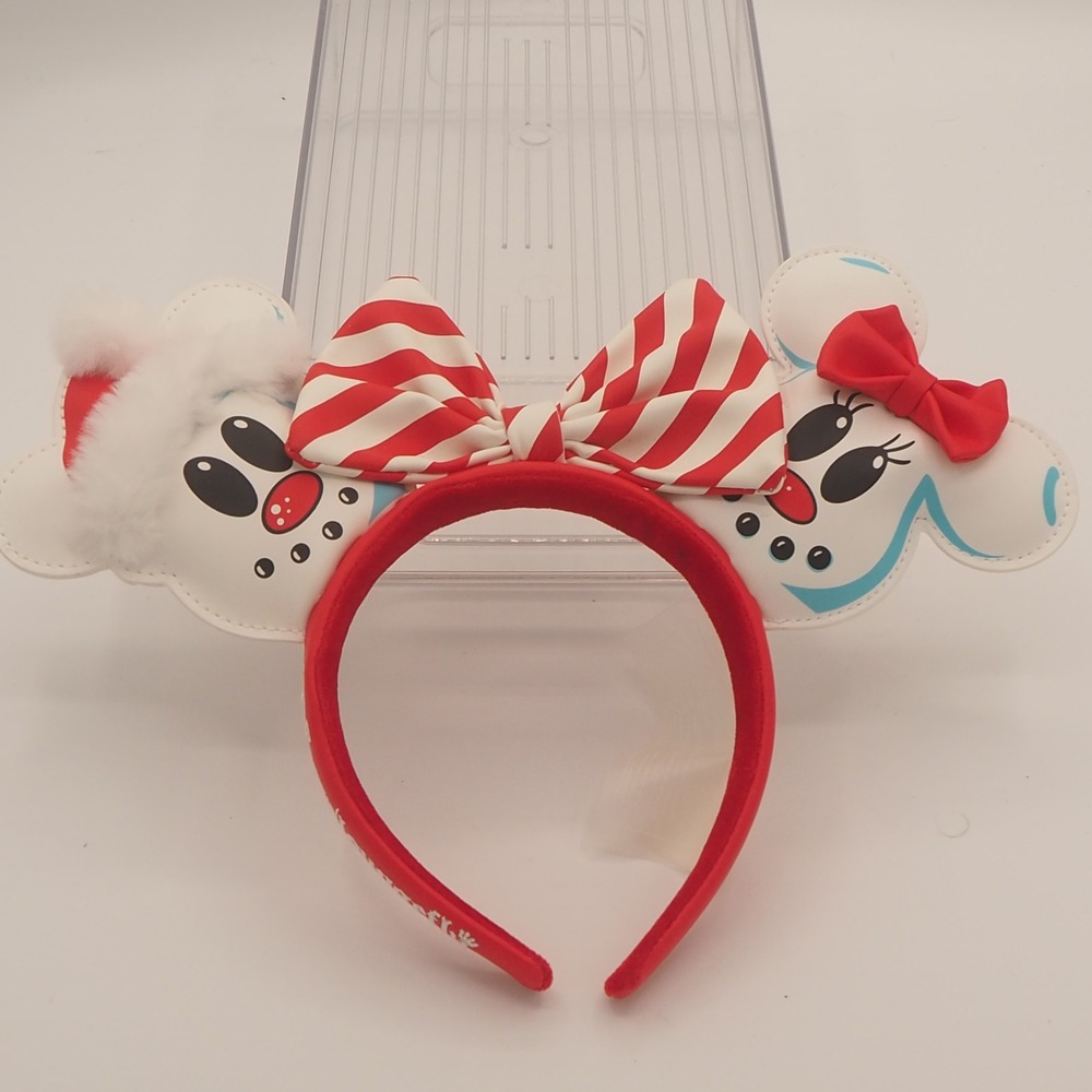 Disney X Loungefly Snowman Mickey & Minnie Mouse Ears Headband Striped Bow W/Bag